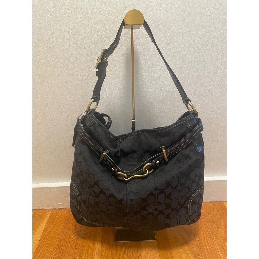 Coach Bag Hampton Signature Hobo Black Jacquard Leather Trim Style 12472